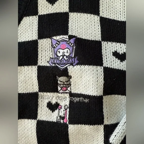 Kuromi Check Pattern Cardigan Women's L Black White Embroidered Anime Boxy Fit - Picture 2 of 5